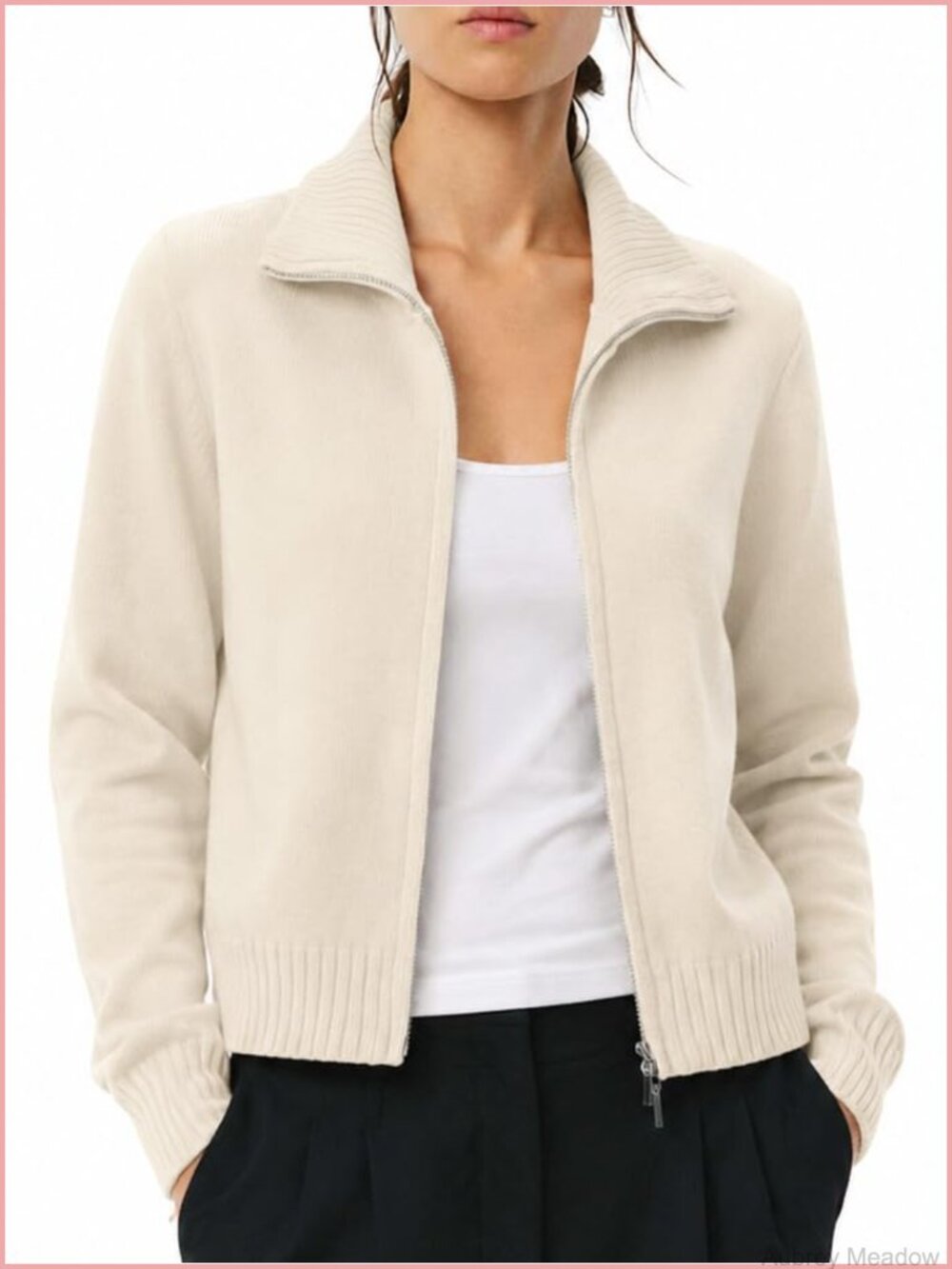 Cropped Zip Up Cardigan Sweater Cotton Blend Mock Neck Knit Jacket